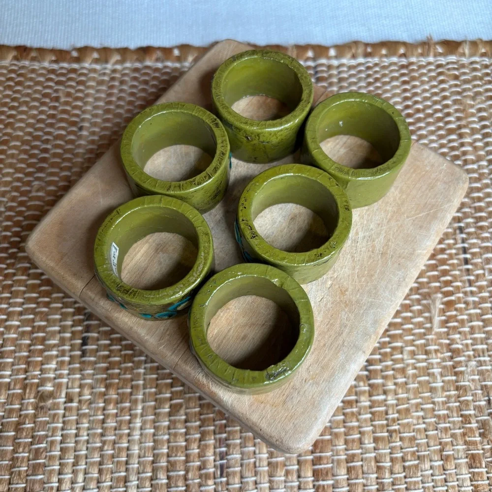 Set of 6 Vintage Fitz & Floyd Paper Mâché Green Napkin Rings Bird Motif